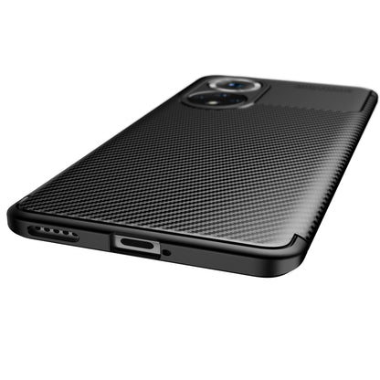 Black carbon fiber texture TPU phone case, bottom edge ports and speaker openings