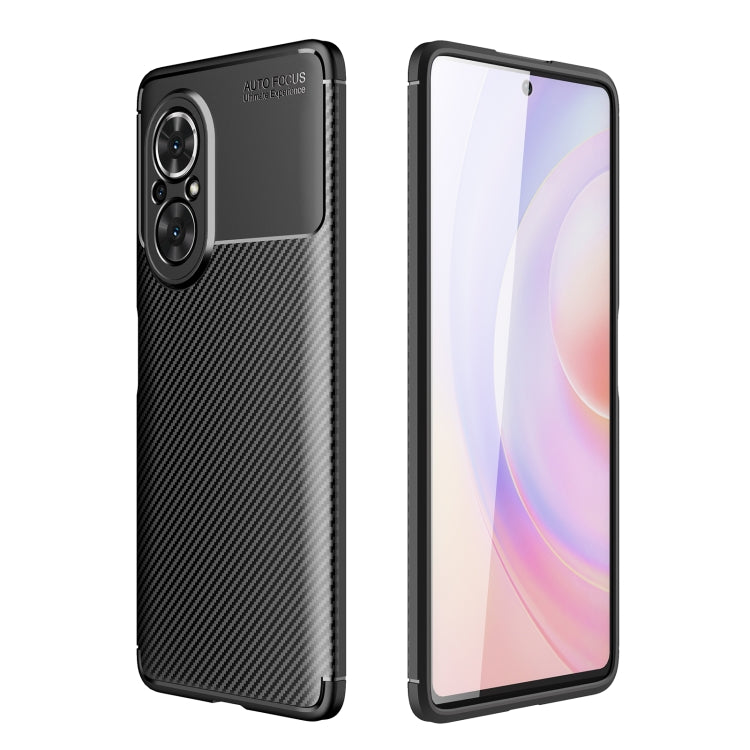 Black carbon fiber texture TPU phone case with front and back views, camera cutouts