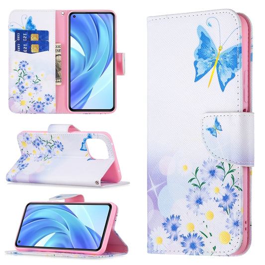 Blue butterfly and floral folio phone case with card slots and kickstand, for mobile
