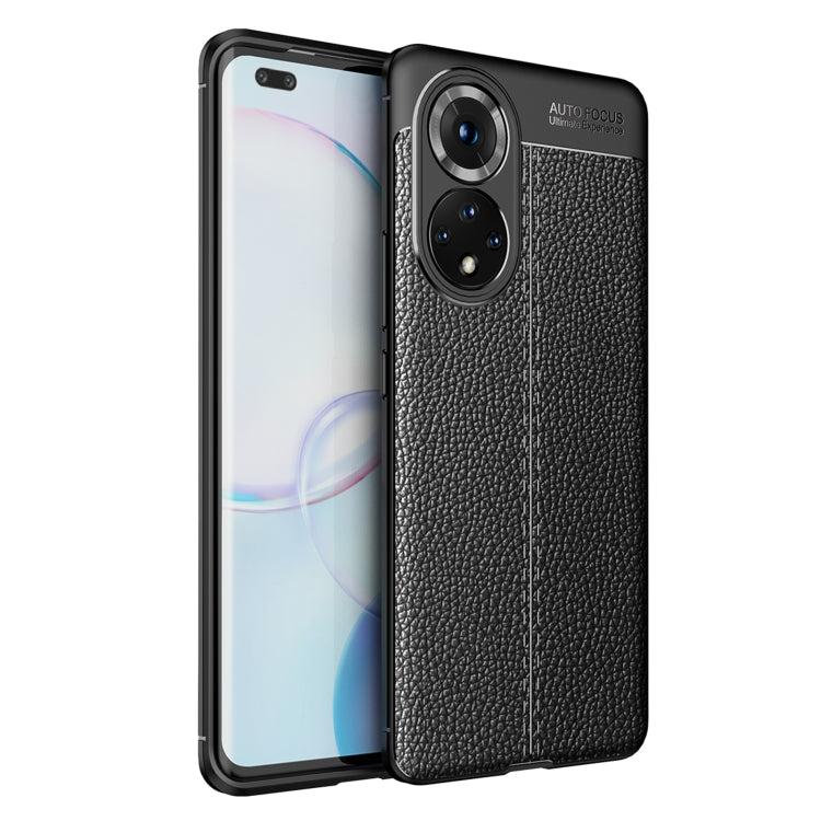 Shockproof TPU phone case with litchi-texture finish, black, raised camera cutouts.
