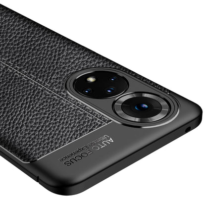 Shockproof TPU phone case, black litchi-texture, camera ring cutouts and edge buttons.