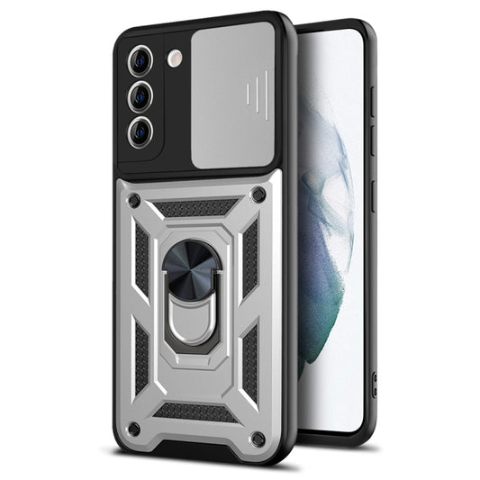 Protective smartphone case with sliding camera cover and rugged ring holder, black and gray