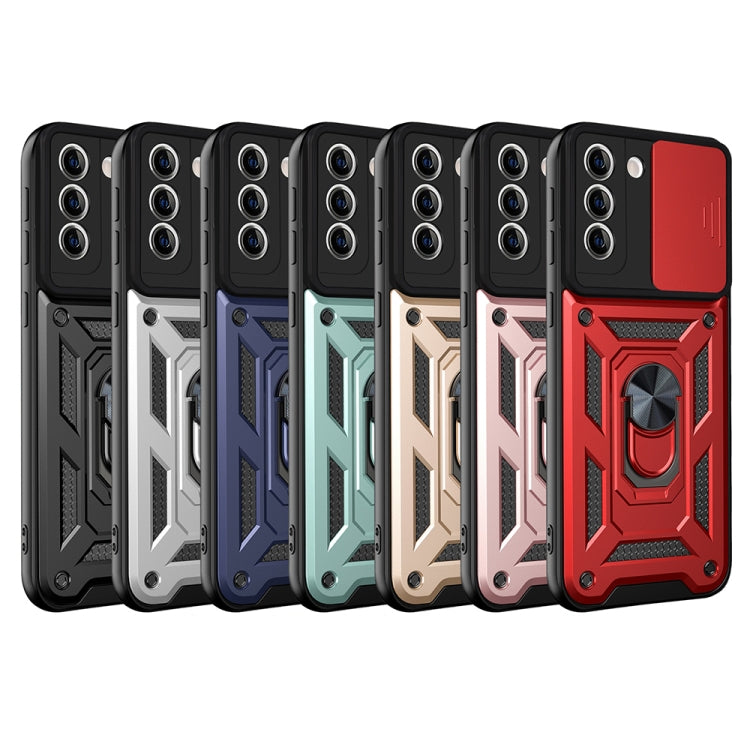 Rugged protective smartphone cases with sliding camera cover, shown in multiple colors