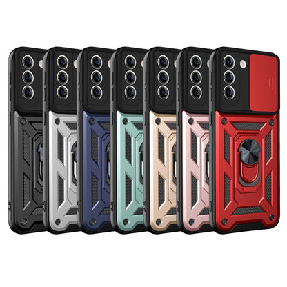 Rugged protective smartphone cases with sliding camera cover, shown in multiple colors