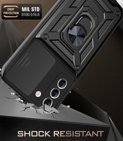 Rugged protective phone case with sliding camera cover and rotating ring stand, dark gray