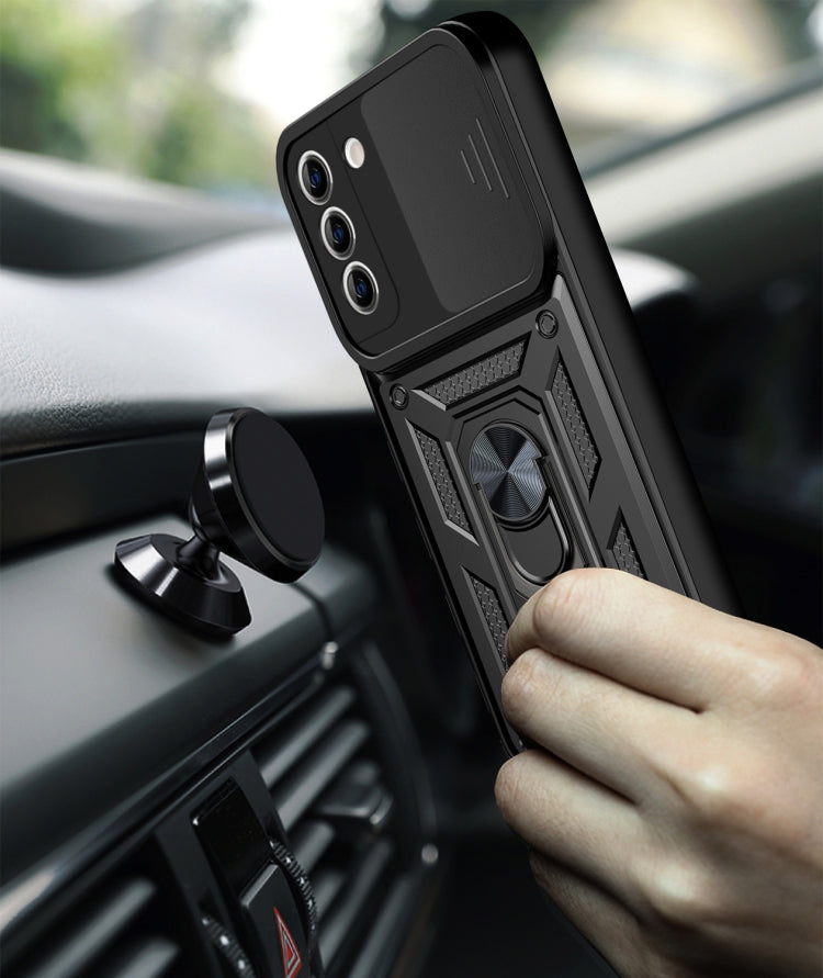 Rugged phone case with sliding camera cover and rotating ring stand, black