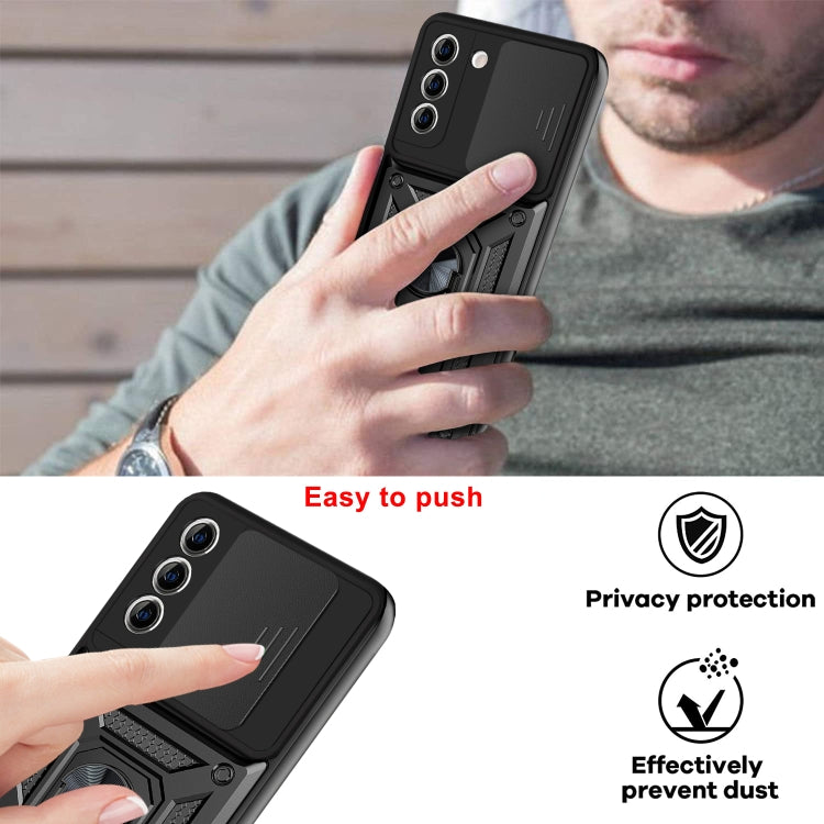 Rugged phone case with sliding camera cover and textured grip, black