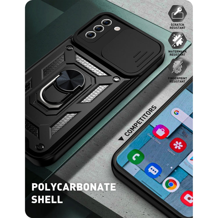Rugged protective phone case with sliding camera cover, scratch-resistant style shell, black