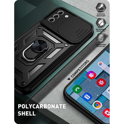 Rugged protective phone case with sliding camera cover, scratch-resistant style shell, black