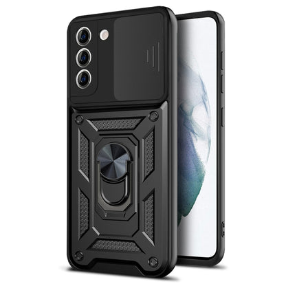 Rugged black phone case with sliding camera cover and raised protective frame