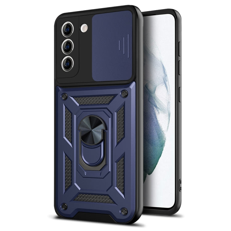 Rugged dark blue phone case with sliding camera cover and protective raised corners