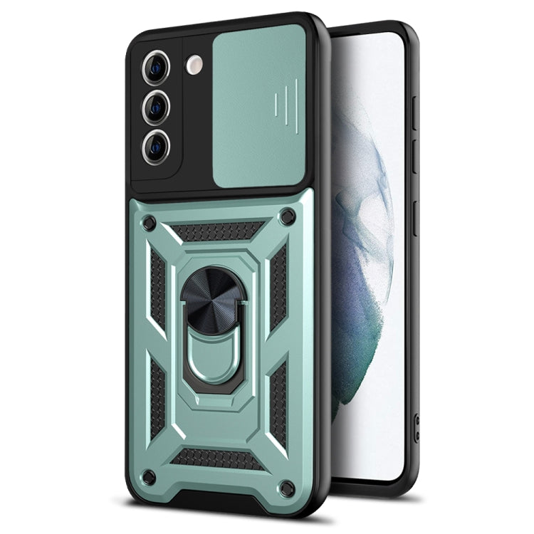 Rugged mint green phone case with sliding camera cover and shockproof corner bumpers