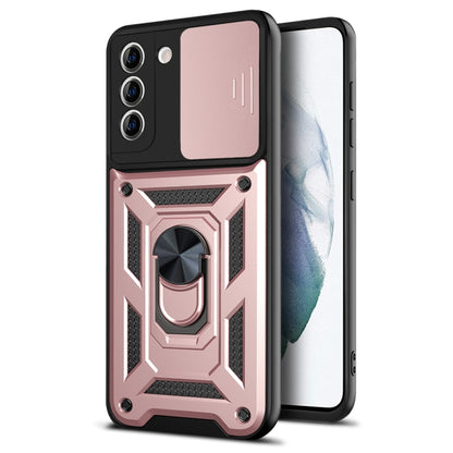 Rugged rose gold phone case with sliding camera cover and protective raised corners