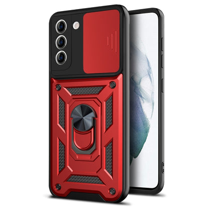 Red and black protective phone case with raised camera cover and kickstand ring