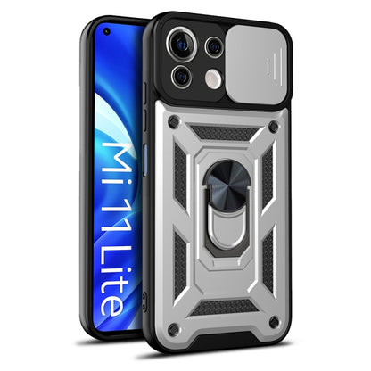 Rugged phone case with sliding camera cover and ring stand, black with light gray panel