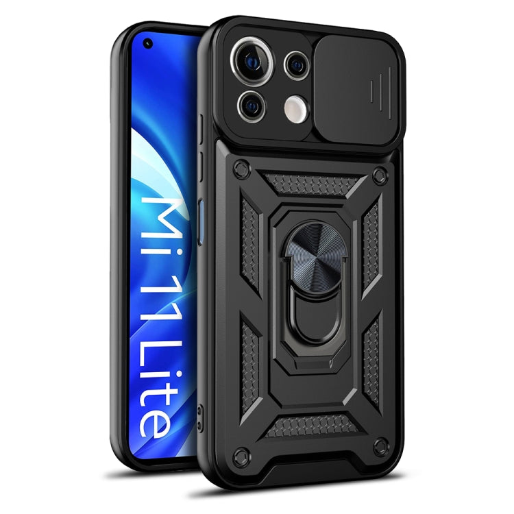 Rugged black phone case with sliding camera cover, dual camera cutouts, and front view