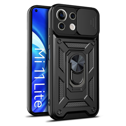 Rugged black phone case with sliding camera cover, dual camera cutouts, and front view