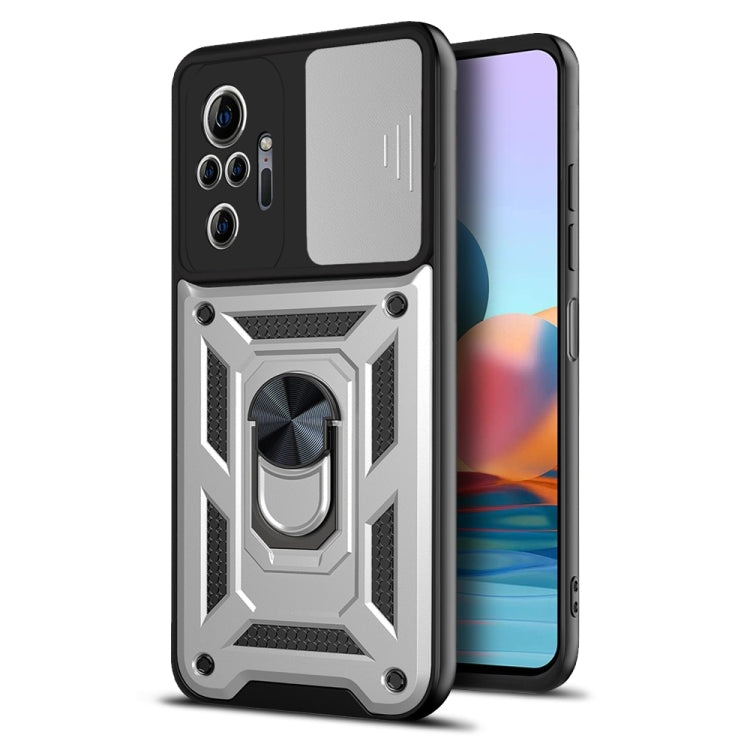 Rugged protective case with sliding camera cover, ring holder detail, black and light gray