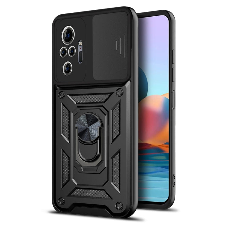 Rugged black phone case with sliding camera cover and textured shock-absorbent edges