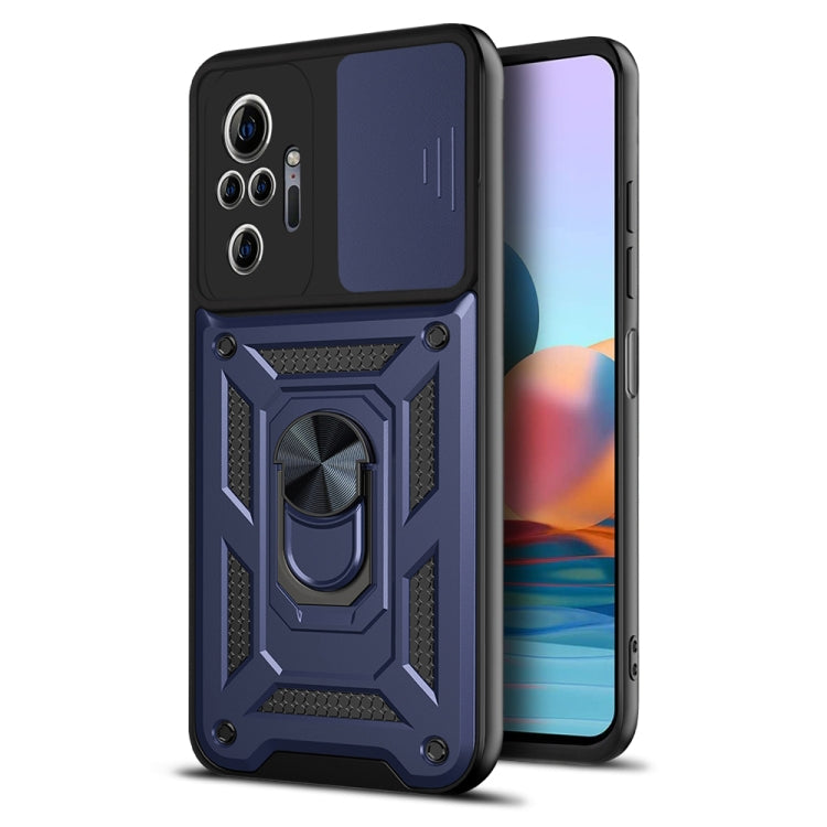 Rugged dark blue phone case with sliding camera cover and textured grip pattern