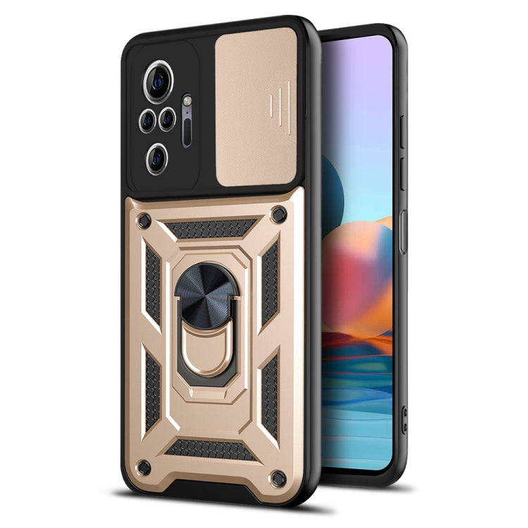 Rugged gold phone case with sliding camera cover and textured side grip