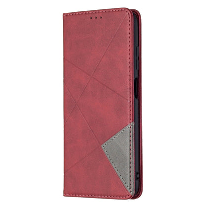 Red leather flip phone case with rhombus texture and port cutouts