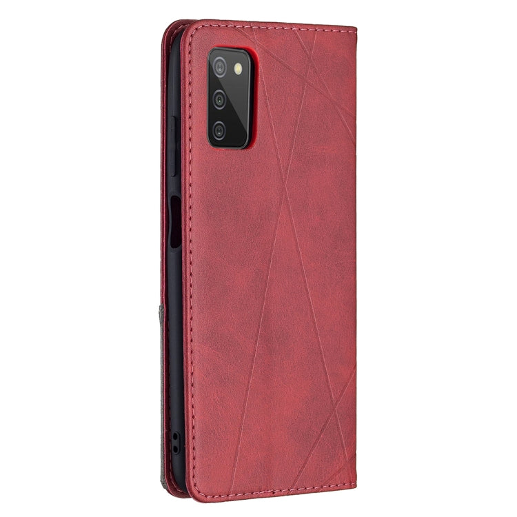 Red leather flip phone case with rhombus texture and camera cutout