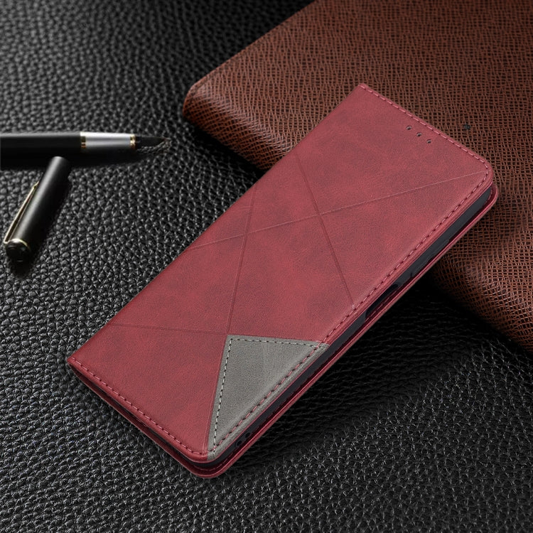 Red leather flip phone case with rhombus texture and gray card pocket