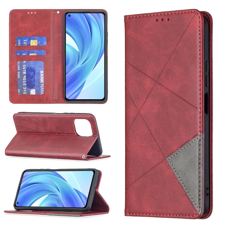 Red magnetic flip leather phone case with card slots and stand; blue screen