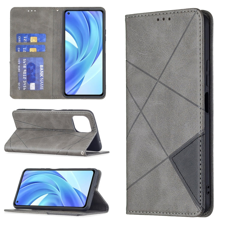 Magnetic flip leather phone case with rhombus texture, card slots, grey