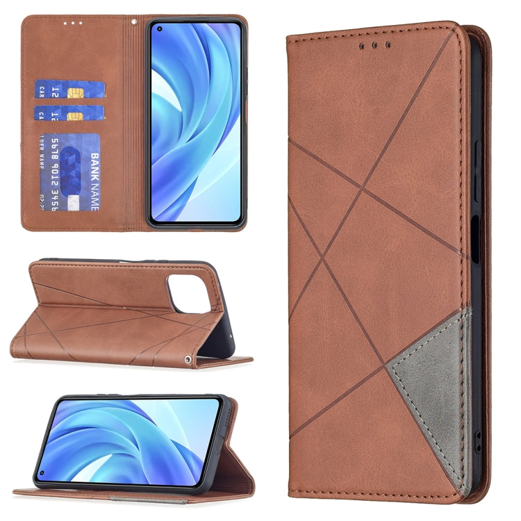 Magnetic flip leather phone case with rhombus texture, card slots, brown