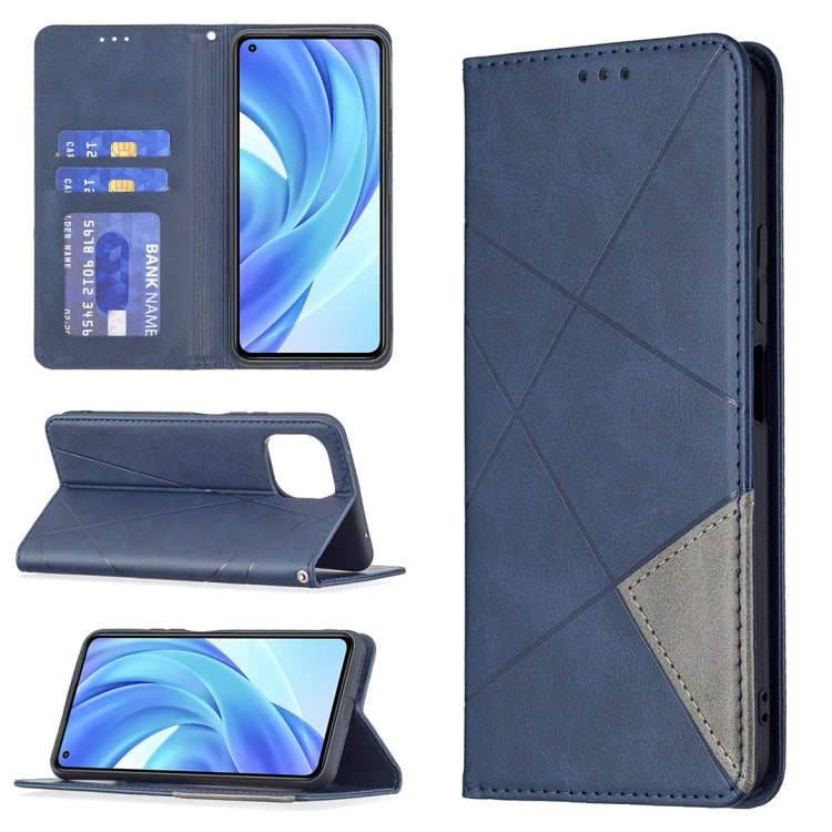 Magnetic flip leather phone case with rhombus texture, card slots, blue