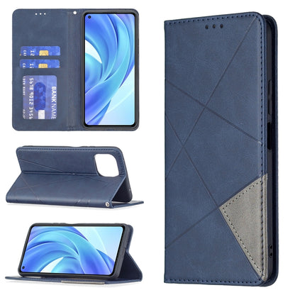 Magnetic flip leather phone case with rhombus texture, card slots, blue