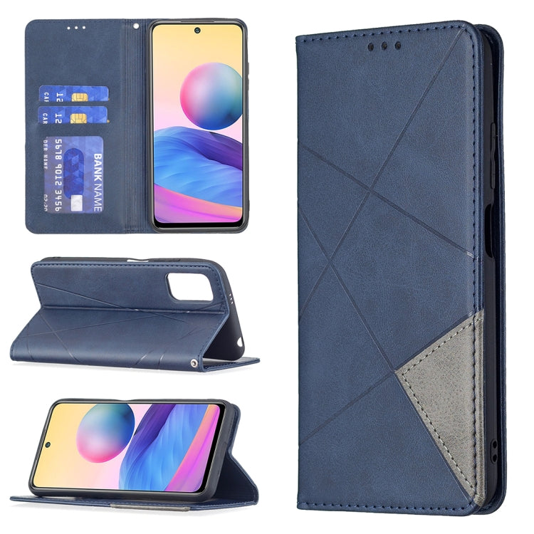 Dark blue magnetic leather flip case with rhombus texture, card slots, and stand holder