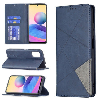 Dark blue magnetic leather flip case with rhombus texture, card slots, and stand holder