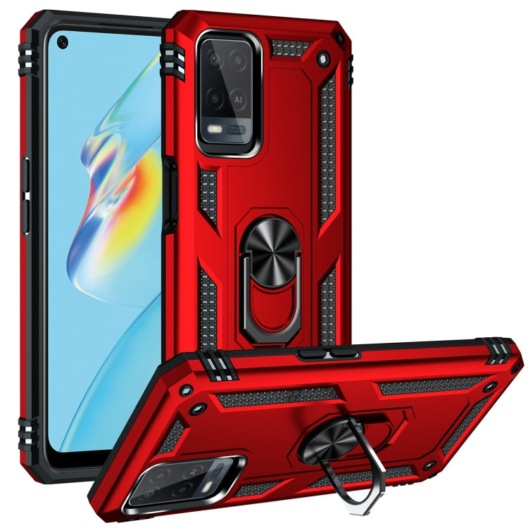 Rugged protective phone case with rotating holder, red and black armored design