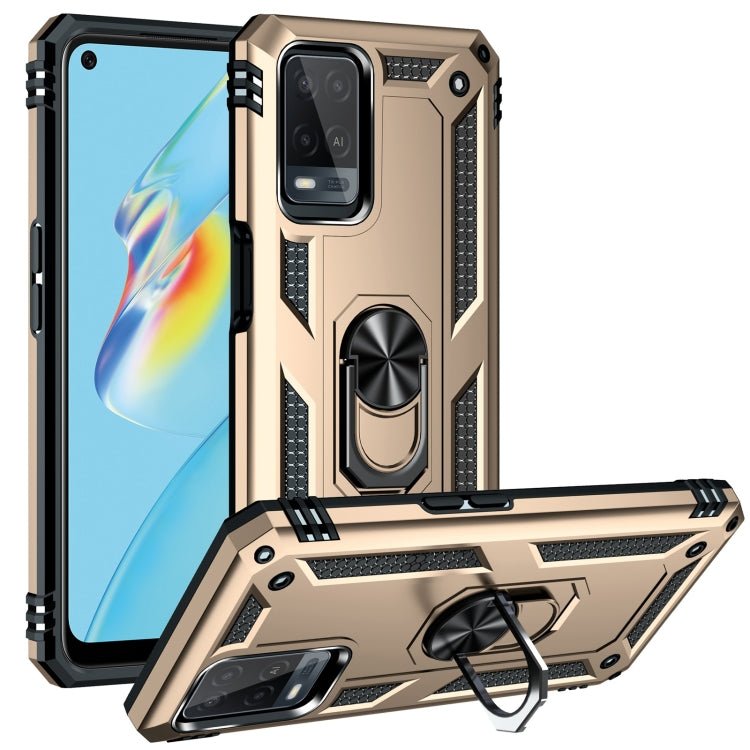 Gold rugged phone case with 360 rotating ring kickstand and raised camera openings