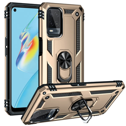 Gold rugged phone case with 360 rotating ring kickstand and raised camera openings