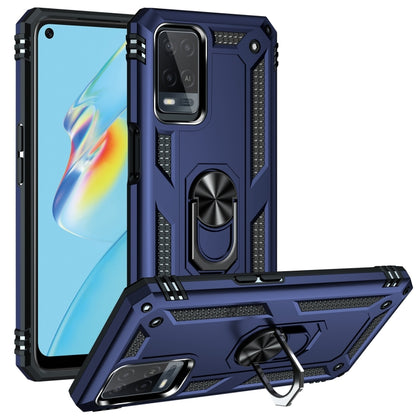 Blue rugged phone case with 360 rotating ring kickstand and textured side rails