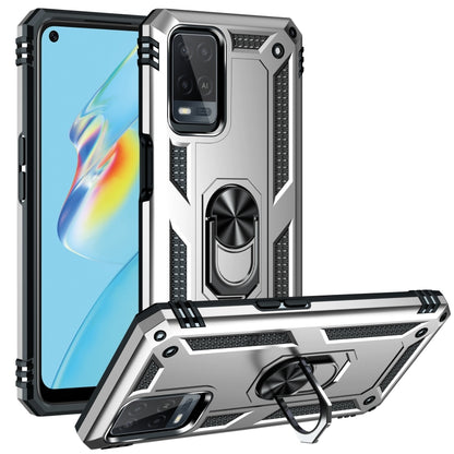 Rugged protective phone case with rotating holder, silver and black hard shell