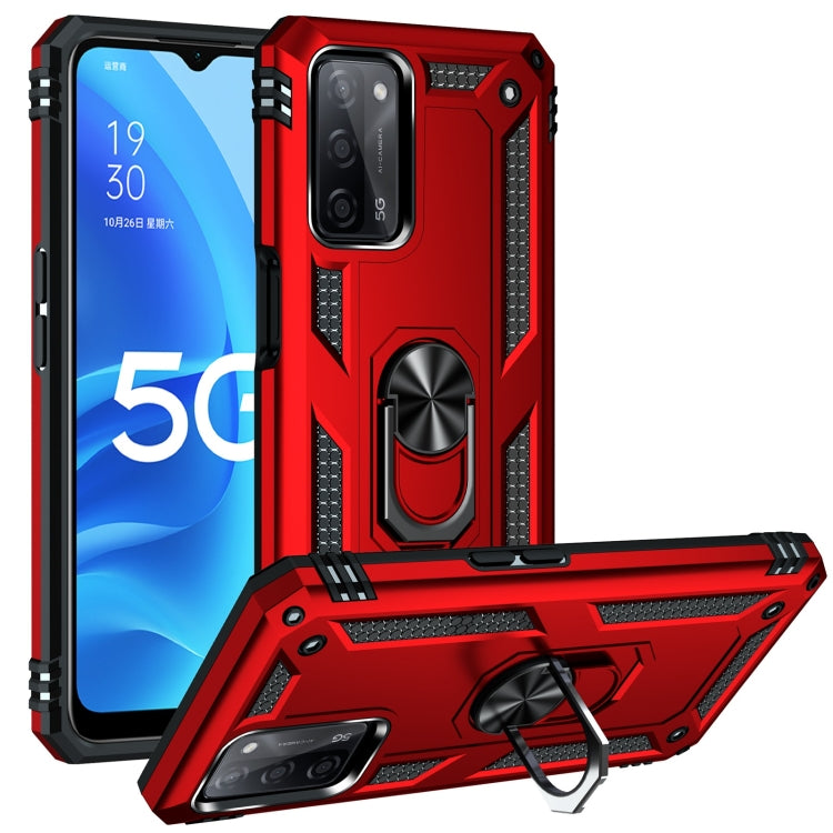 Rugged protective phone case with rotating holder, red armored shell with kickstand