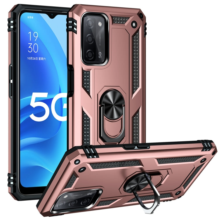 Rugged protective phone case with rotating holder, rose gold and black hard shell