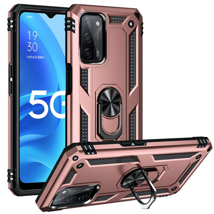 Rugged protective phone case with rotating holder, rose gold and black hard shell