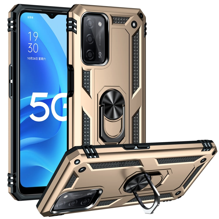 Rugged protective phone case with rotating holder, gold and black armored shell