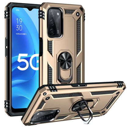Rugged protective phone case with rotating holder, gold and black armored shell