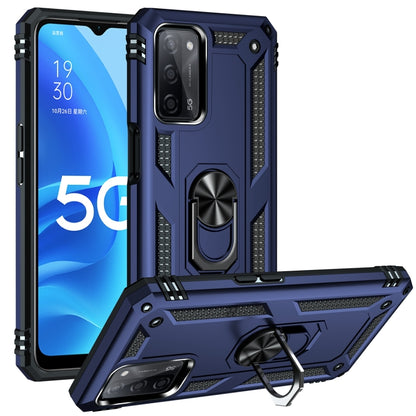 Rugged protective phone case with rotating holder, blue and black hard shell