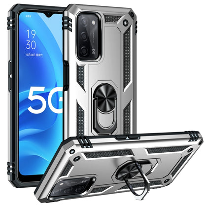 Silver rugged phone case with 360 rotating ring kickstand and raised camera guards