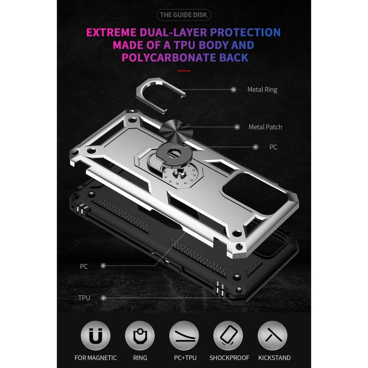 Rugged dual-layer phone case with metal ring kickstand and textured grip panels