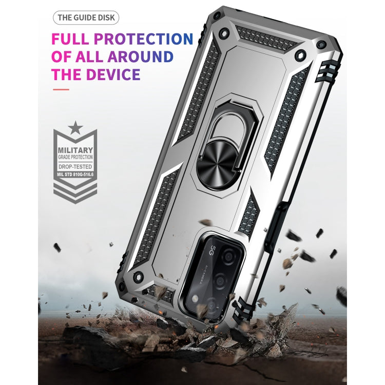 Rugged all-around phone case in silver with ring kickstand and camera cutouts