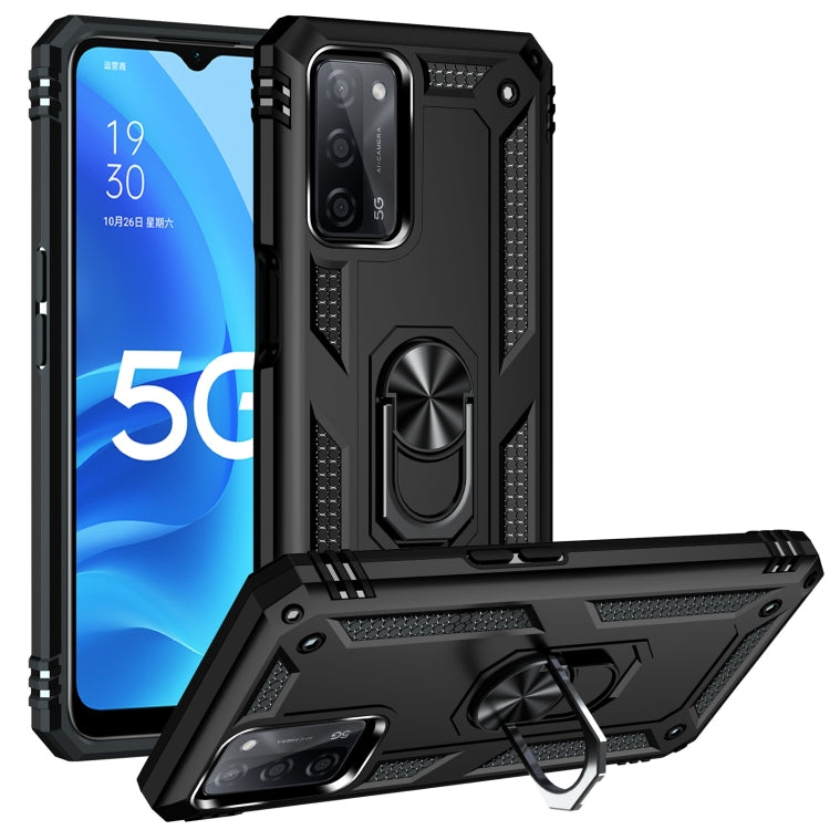 Rugged protective phone case with rotating holder, black armored shell with stand